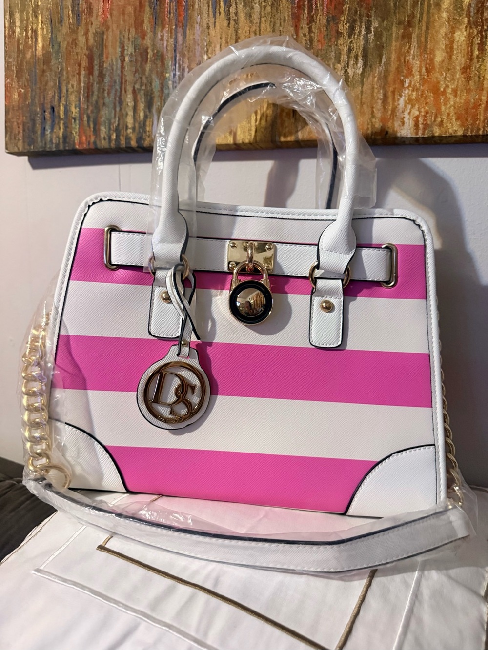 Pink & White Striped Satchel with Pink Wallet by - Picture 2 of 12